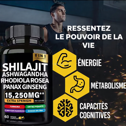 Shilajit Ashwagandha Complex 8-en-1 - Énergie, Vitalité & Performance au Quotidien