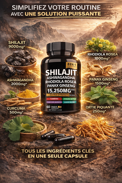 Shilajit Ashwagandha Complex 8-en-1 - Énergie, Vitalité & Performance au Quotidien